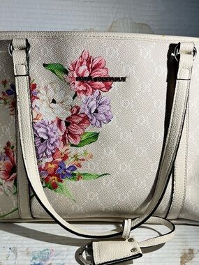 Dana Buchman Cream Floral Tote with Pink & Purple Blooms